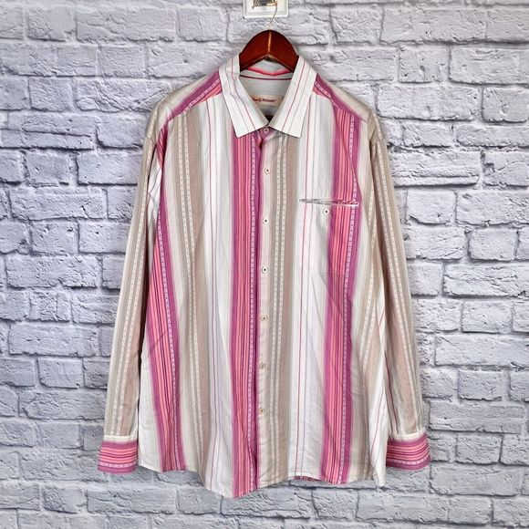 Tommy Bahama Mens‎ Button Up Gray Pink Striped Long Sleeve Silk Blend Shirt XLX - Picture 2 of 9